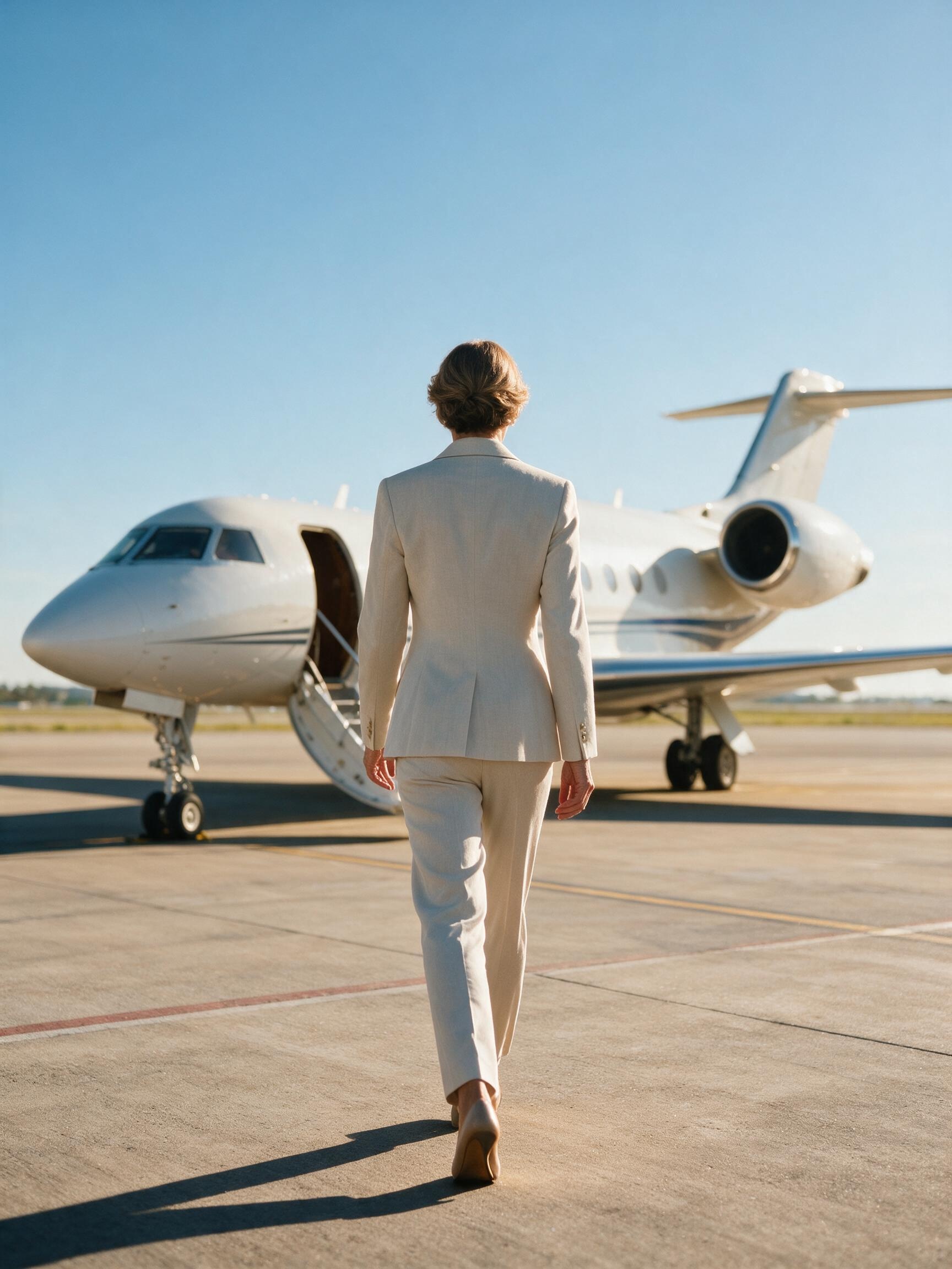 Executive walking toward private jet at dusk